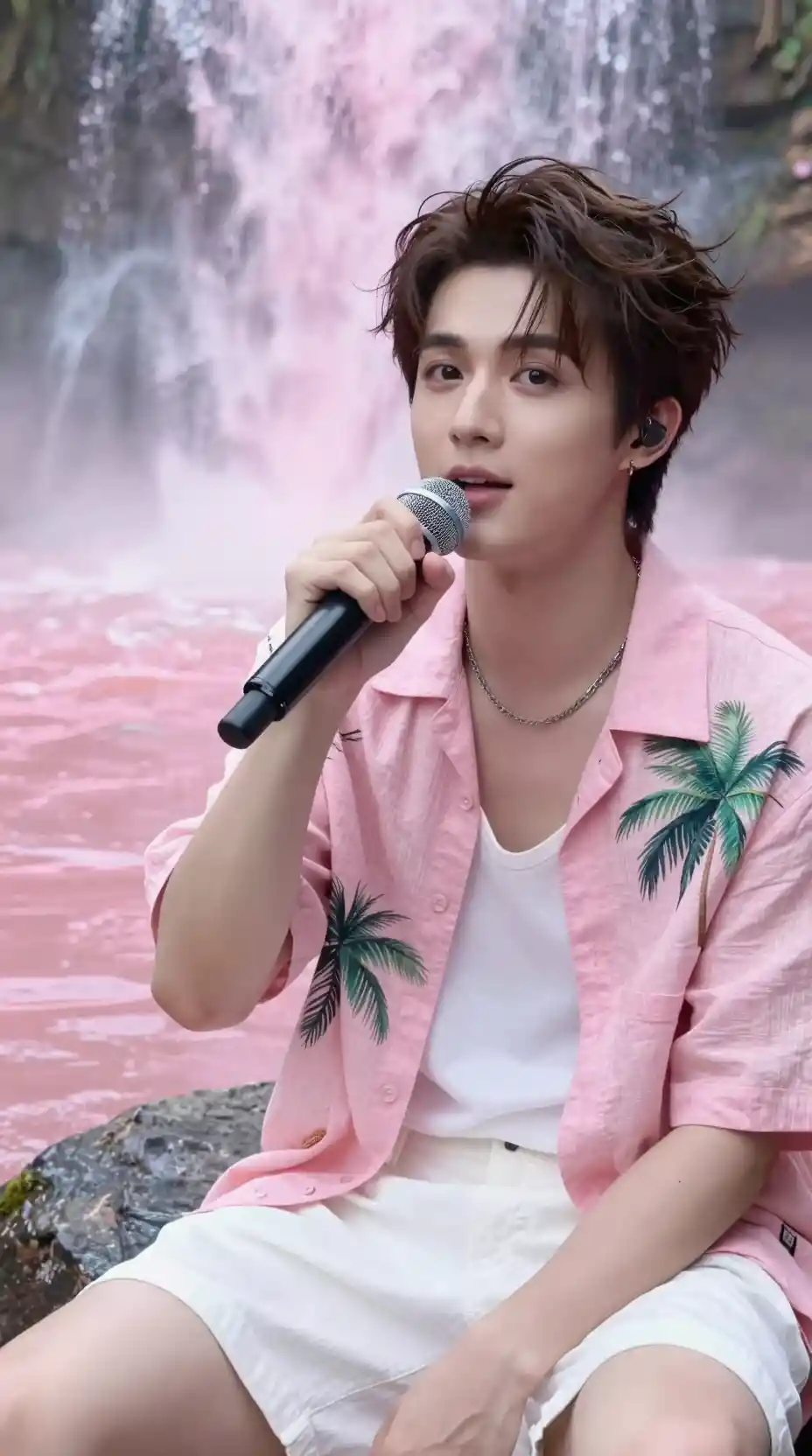 Young man singing beside a glowing pink waterfall