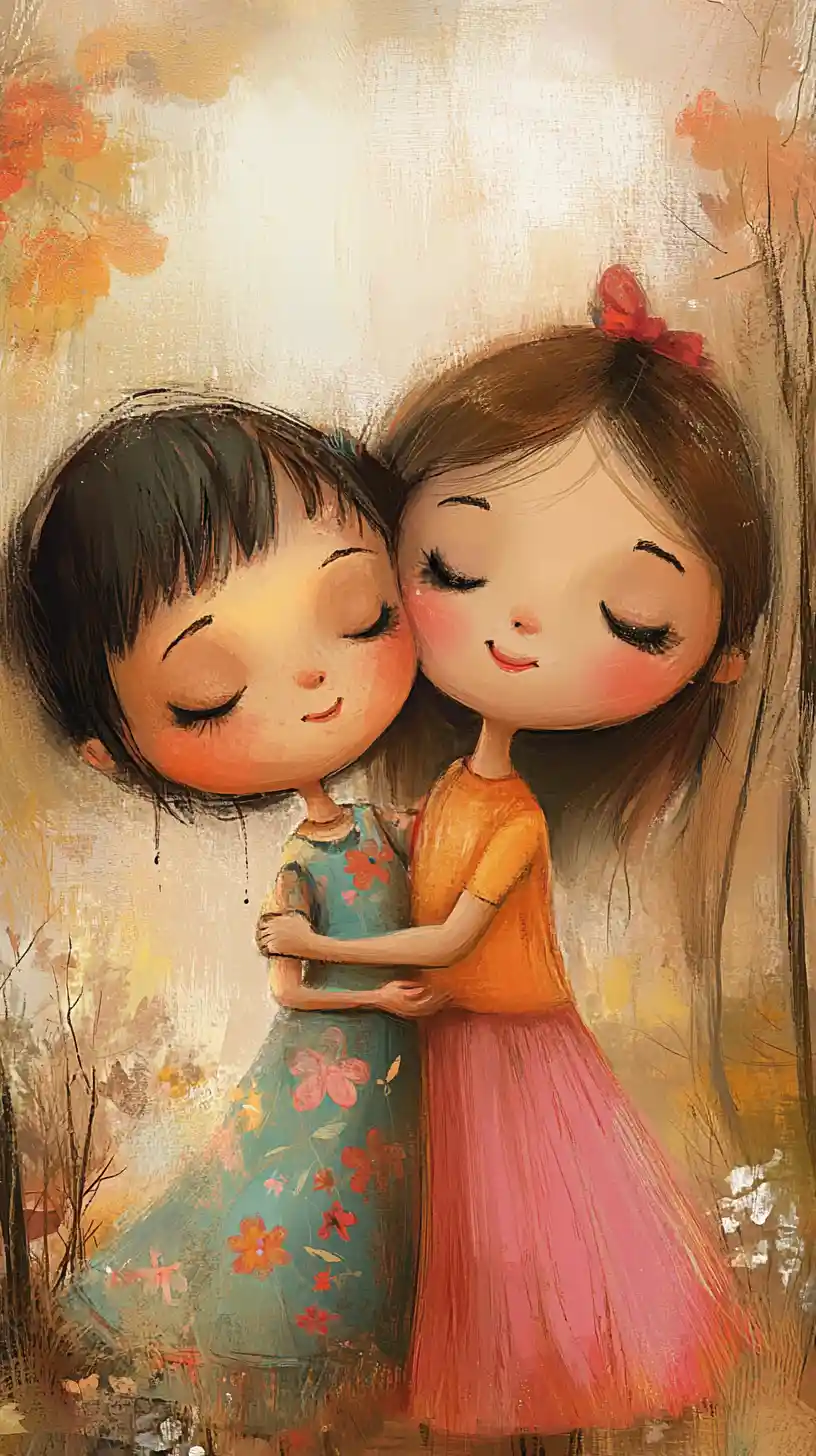 Two young girls hugging in a warm autumn illustration