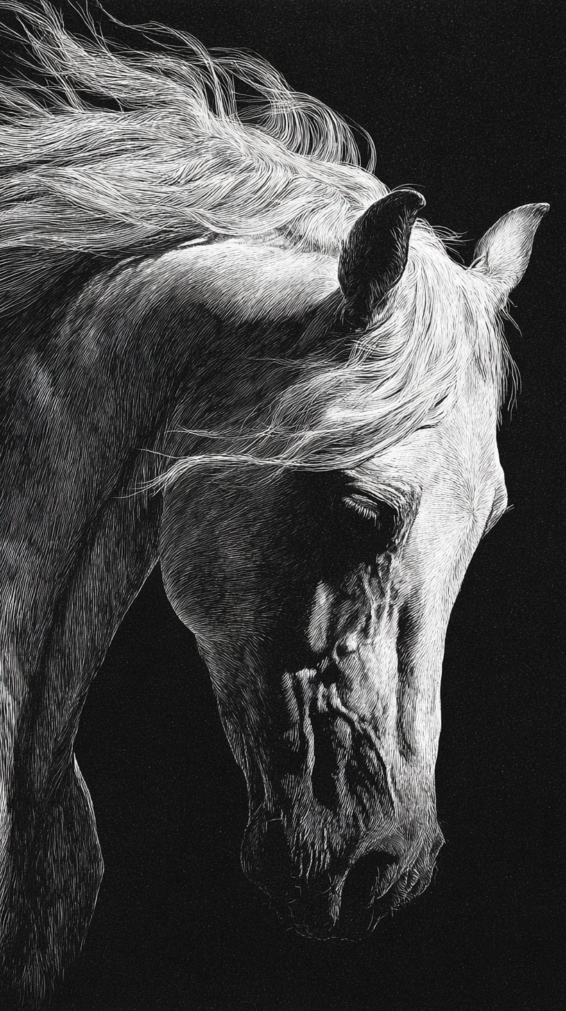 White arabian horse close up in dramatic scratchboard art