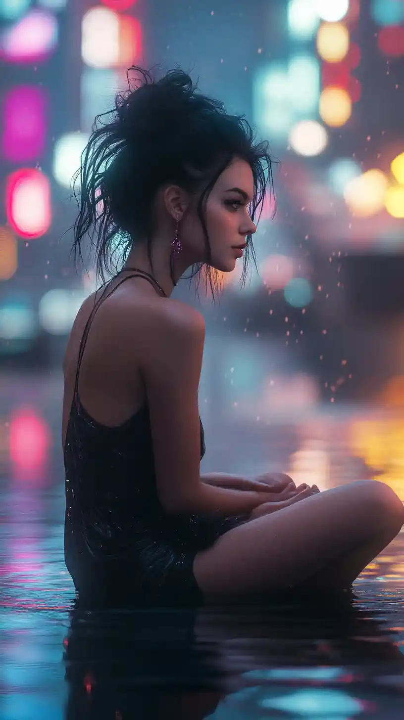 Meditating woman on wooden platform in neon cyberpunk city