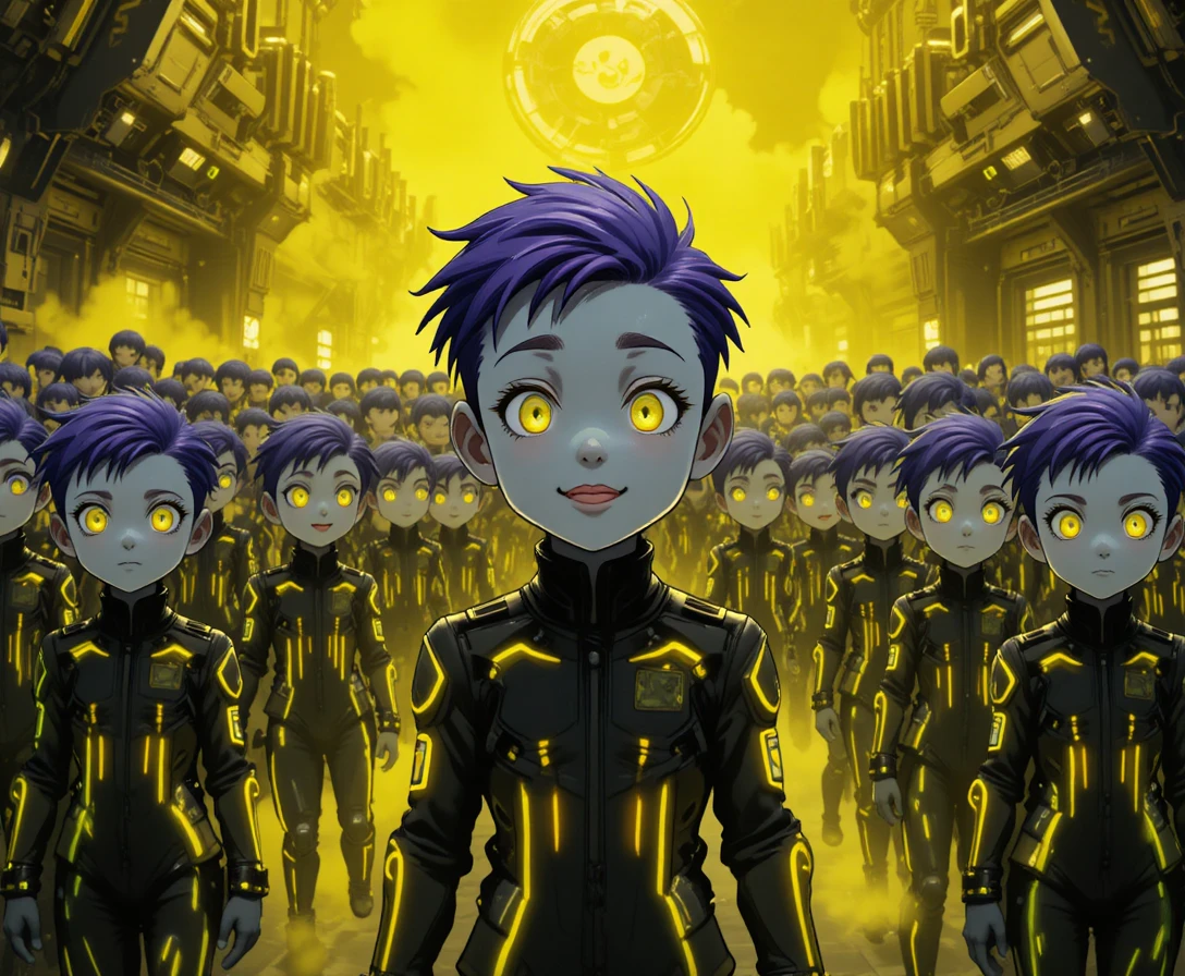 Bambini futuristici in una vasta camera sci‑fi al neon