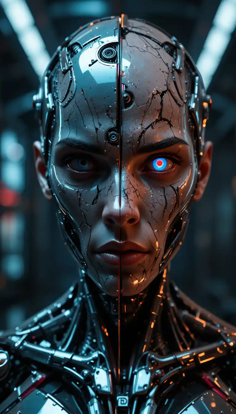 Cybernetic assassin portrait with split human android face