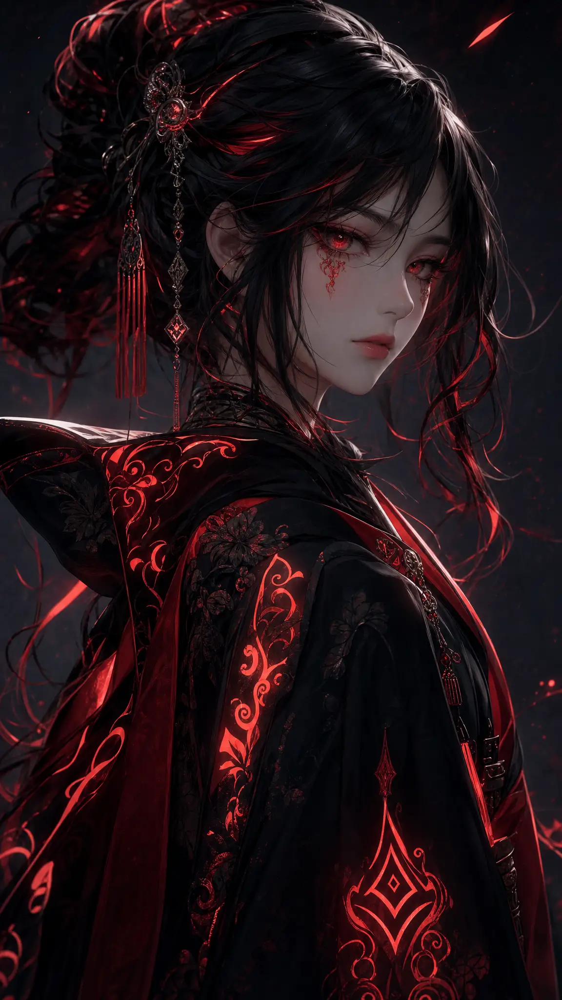 Dark anime 3d girl with glowing red and black details