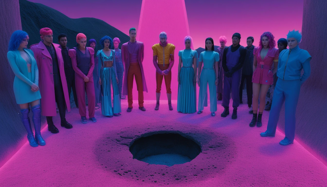 Surreal Circle Of Colorful Figures In Futuristic Outfits
