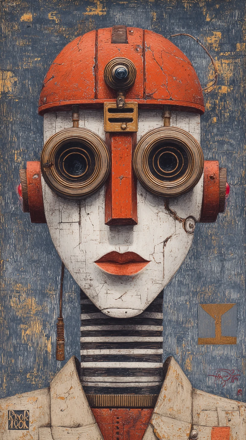 Surreal android portrait with cracked white face and red helmet