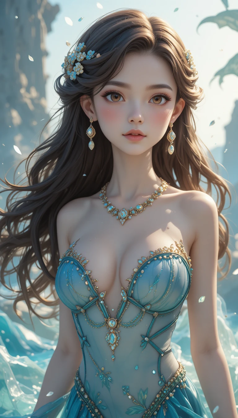 Elegant anime mermaid nymph woman in flowing blue veils