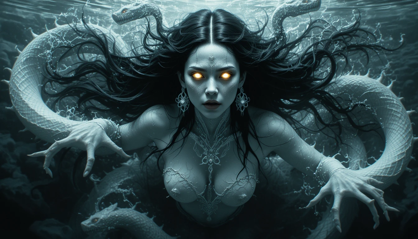 Spectral woman floating above dark serpent haunted water