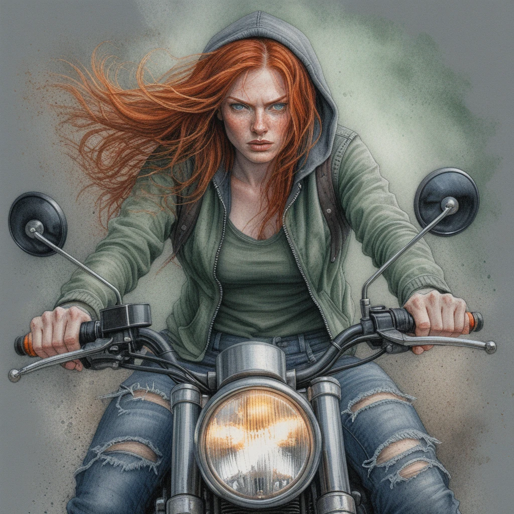 Donna dai capelli rossi su moto café racer in arte a matita