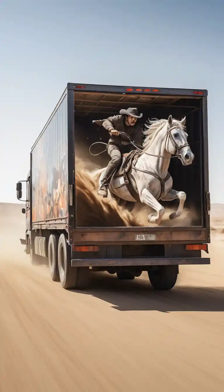 Liegendaufnahme des LKW-Hecks mit Cowboy-Wandbild