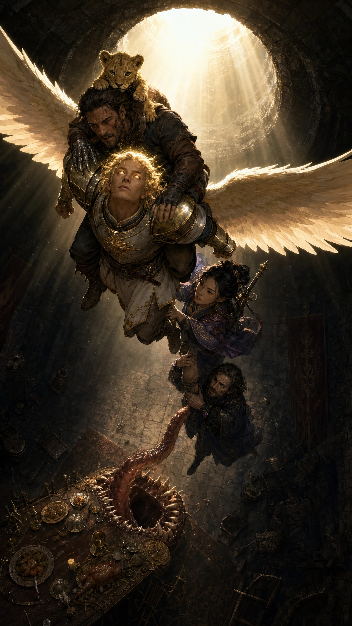 Winged paladin carrying companions toward a sunlit opening