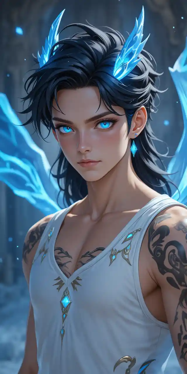 Fantasy anime man with glowing blue eyes and antlers