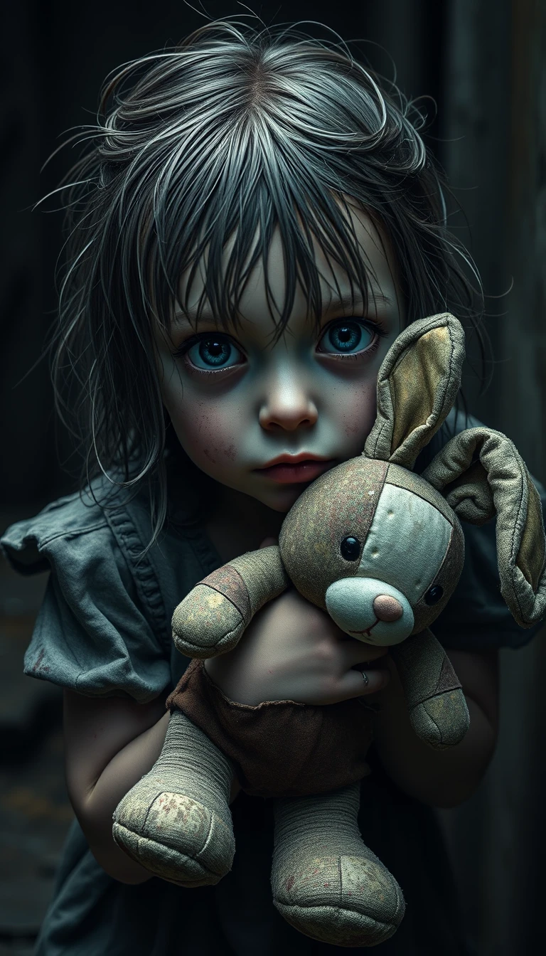 Distressed young girl clutching a worn rabbit toy
