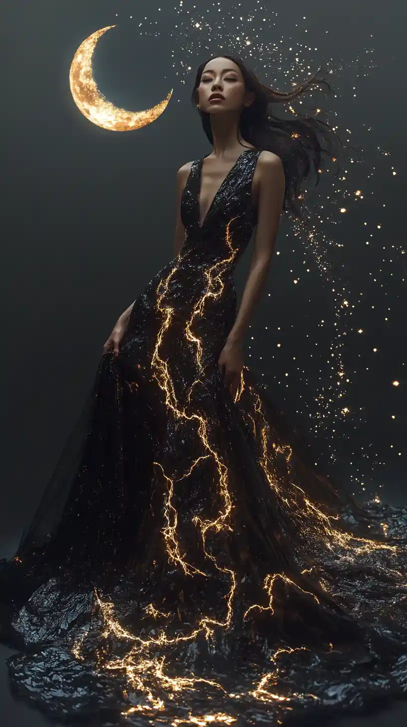 Woman in black gown with glowing gold patterns and moon