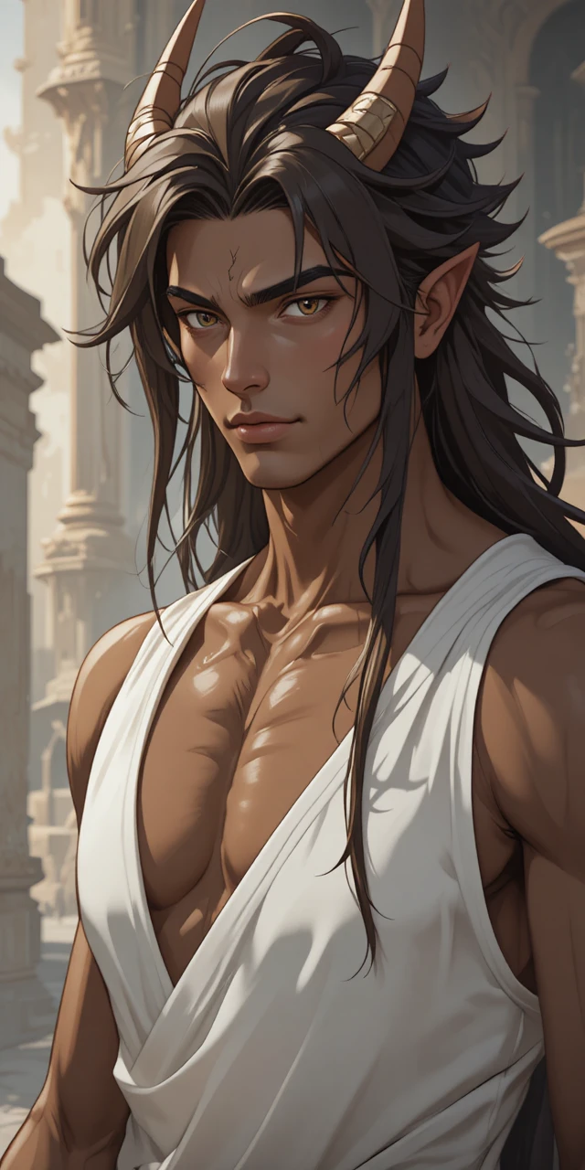 Anime fantasy man with dragon horns in white tunic