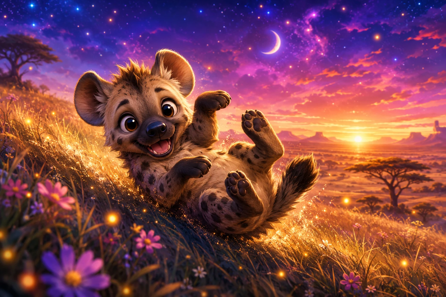 Cute baby hyena rolling down a glowing savanna hill