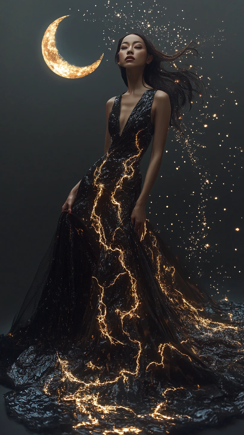 Woman in black gown with glowing gold patterns and moon