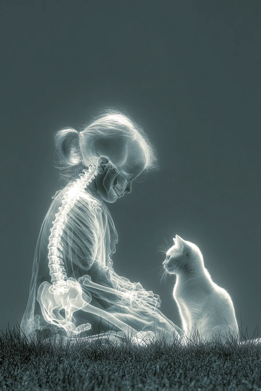 X ray view of a young girl and cat on meadow