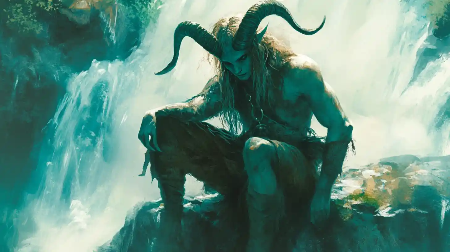 Androgynous satyr playing violin beneath rushing waterfall