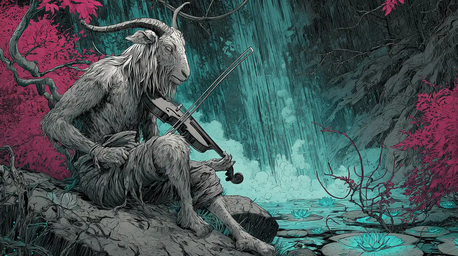 Androgynous satyr playing violin beneath a misty waterfall