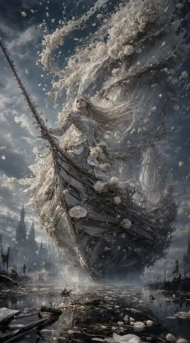 Warrior queen on a ghostly rose petal ship in battle