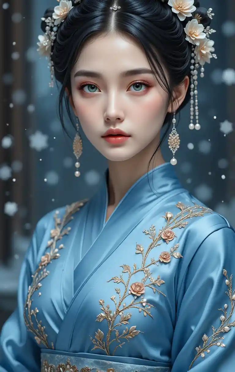 Young woman in blue kimono with winter floral elegance