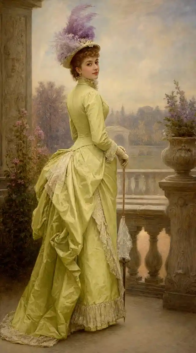 Elegant lady in lemon lime gown with vintage painted background