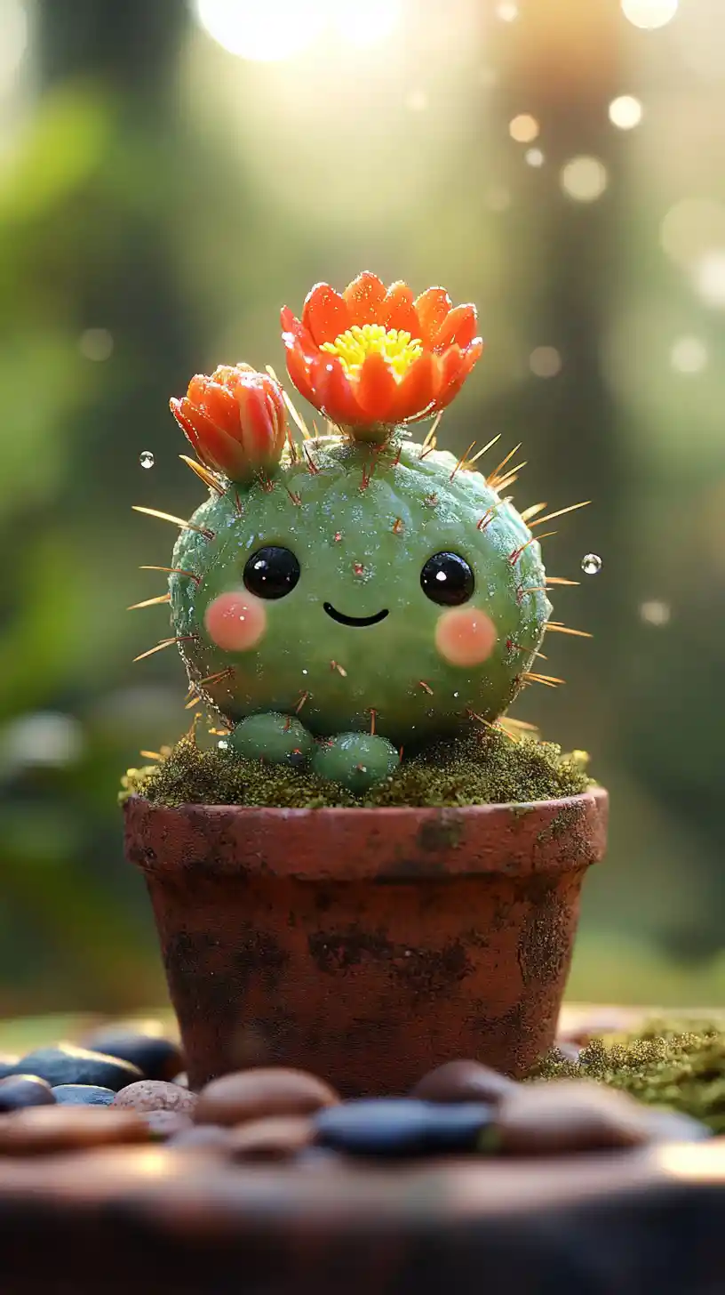 Cute cactus creature in terracotta pot with forest bokeh