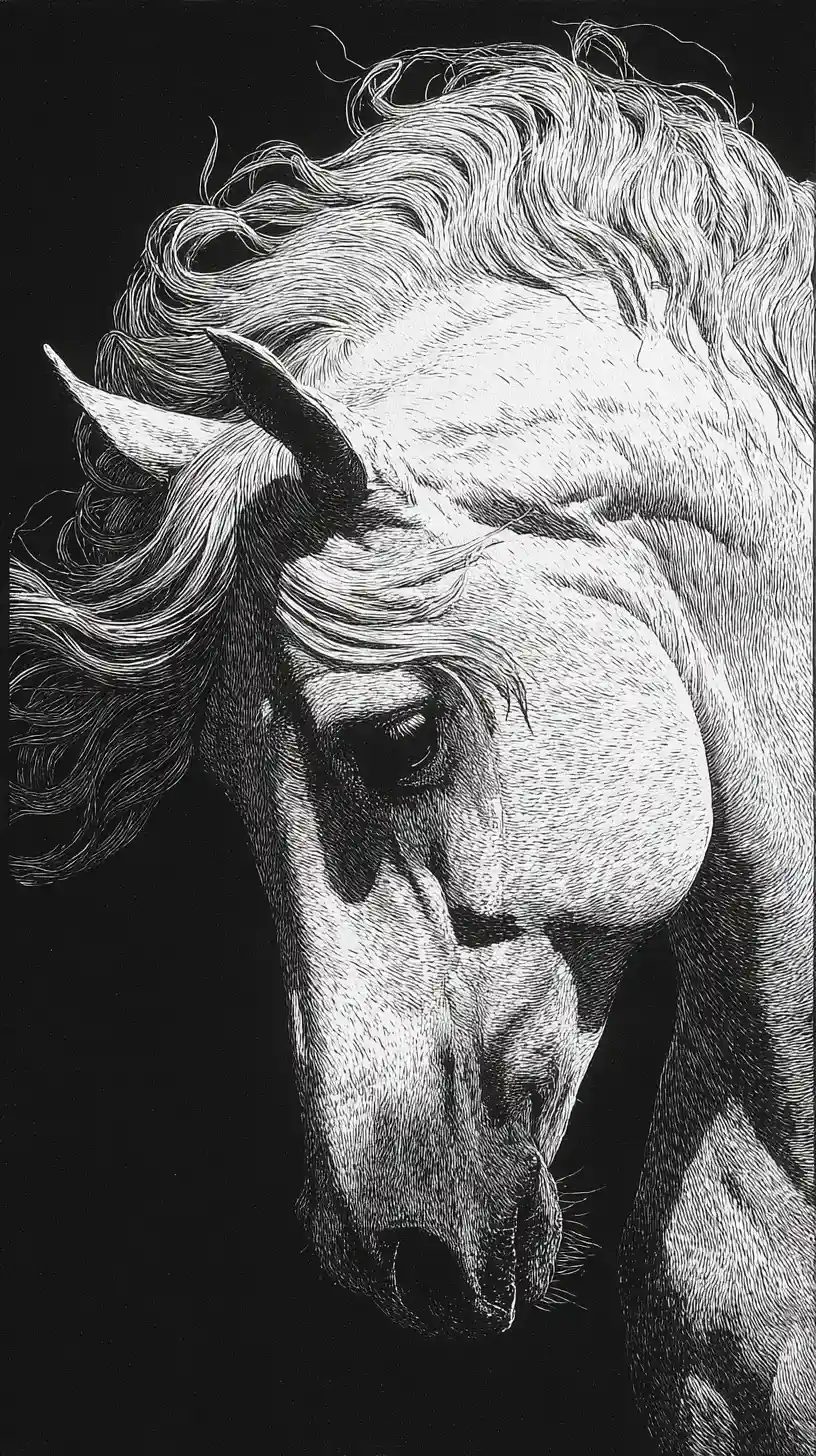 White Arabian horse close up in dramatic scratchboard portrait
