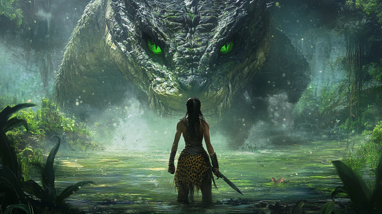 Barbarian woman facing a giant serpent in a swamp