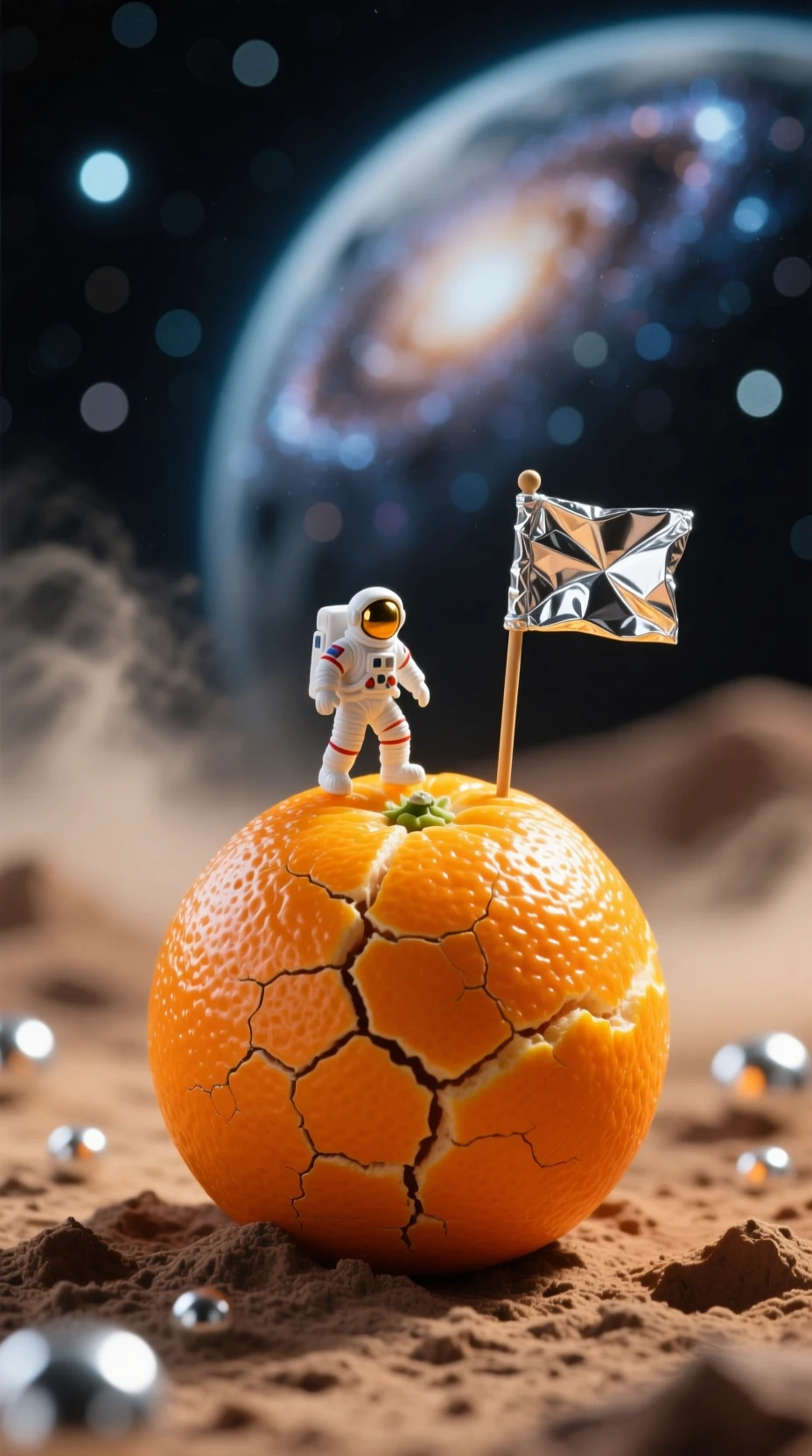 オレンジ色の地表を未知の惑星のように探検するミニ宇宙飛行士