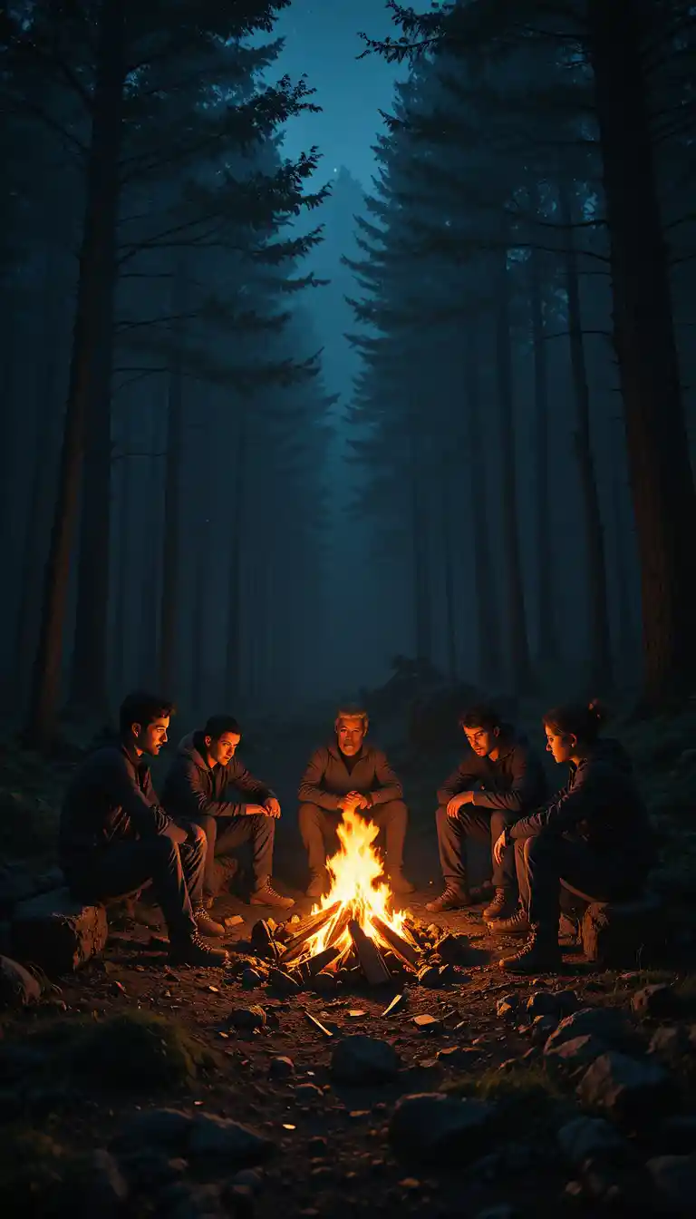 Hikers Gather Around Campfire In Dark Forest At Night