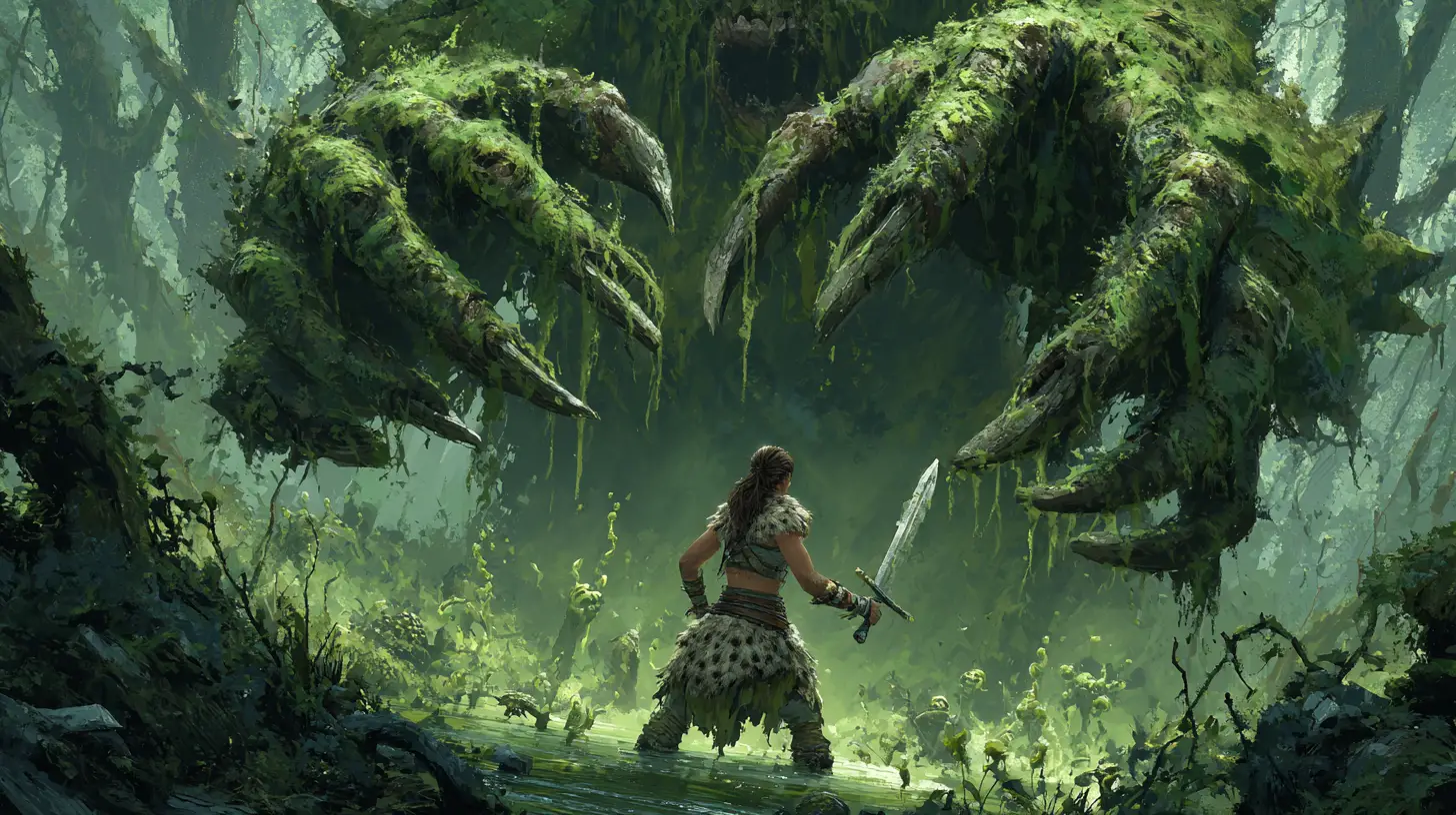 Barbarian woman facing a monstrous claw above a swamp