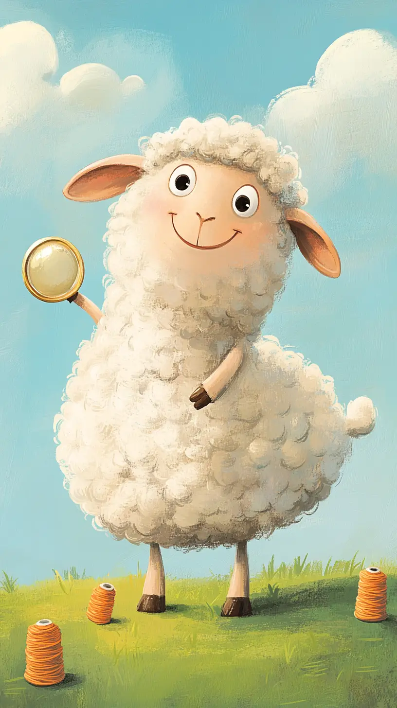 Playful Cartoon Sheep Admiring Itself In A Sunny Field