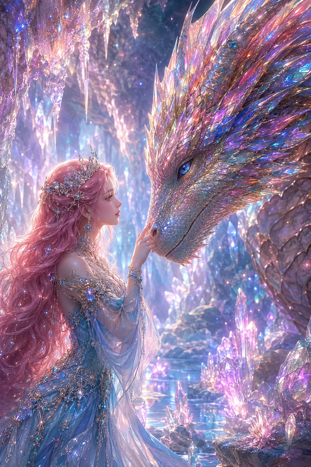Chica de pelo rosa tocando un dragón enjoyado