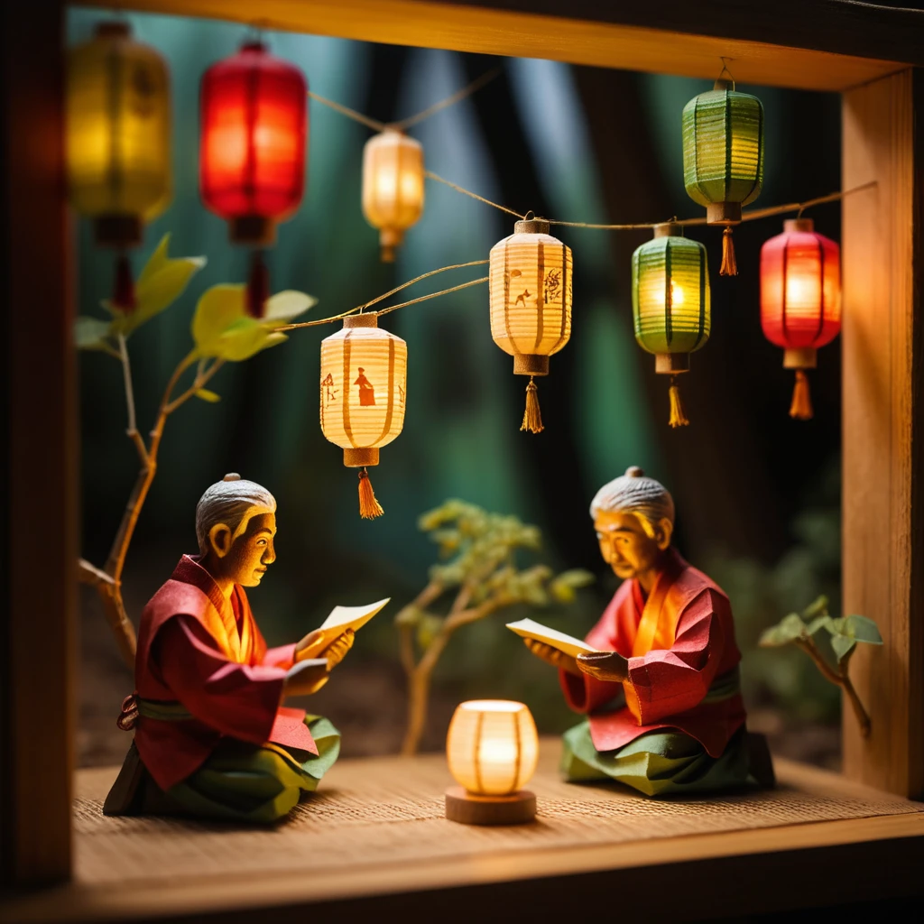 Tiny lantern workshop glowing in warm miniature candlelight