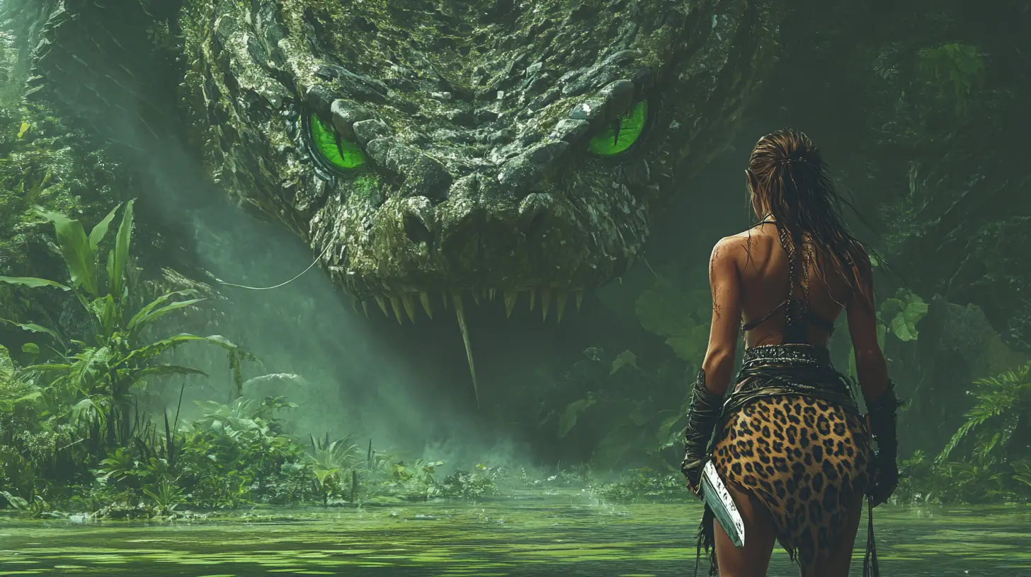 Barbarian woman facing a giant serpent in a swamp