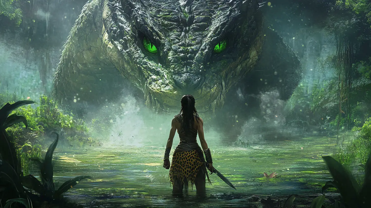Barbarian woman facing a giant serpent in a swamp