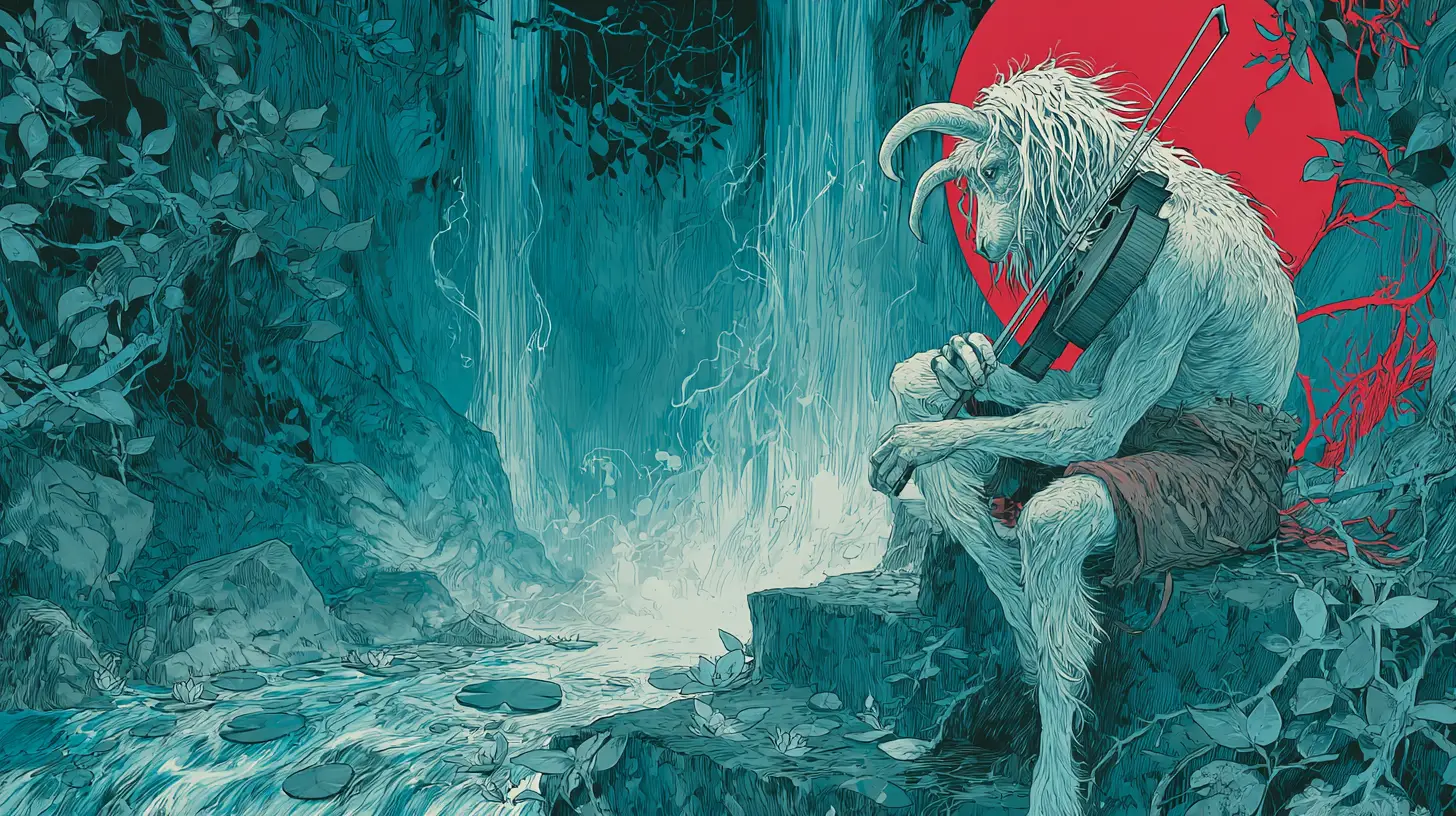 Androgynous satyr playing violin beneath a dark waterfall