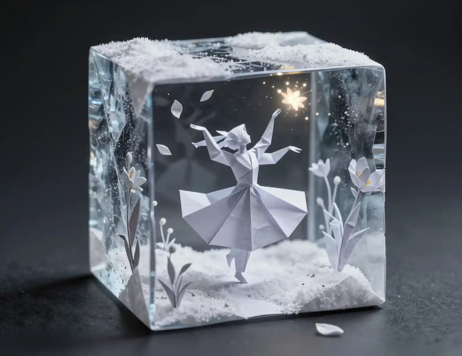 Origami figure dancing inside an icy miniature snow scene