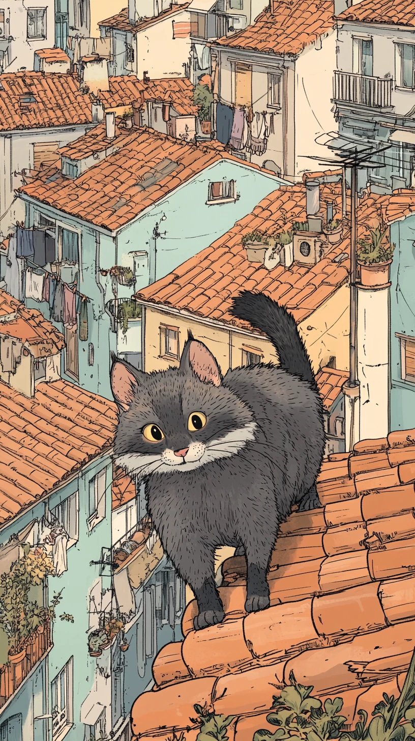 Gato caricaturesco y juguetón caminando por los tejados de una ciudad europea