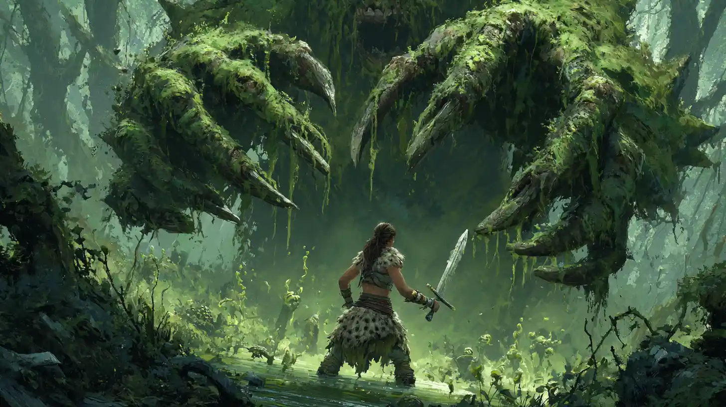 Barbarian woman facing a monstrous claw above a swamp