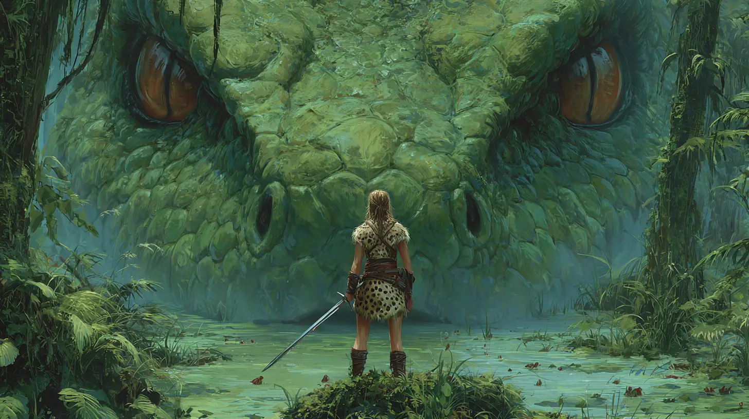 Barbarian woman faces giant serpent above a lush swamp