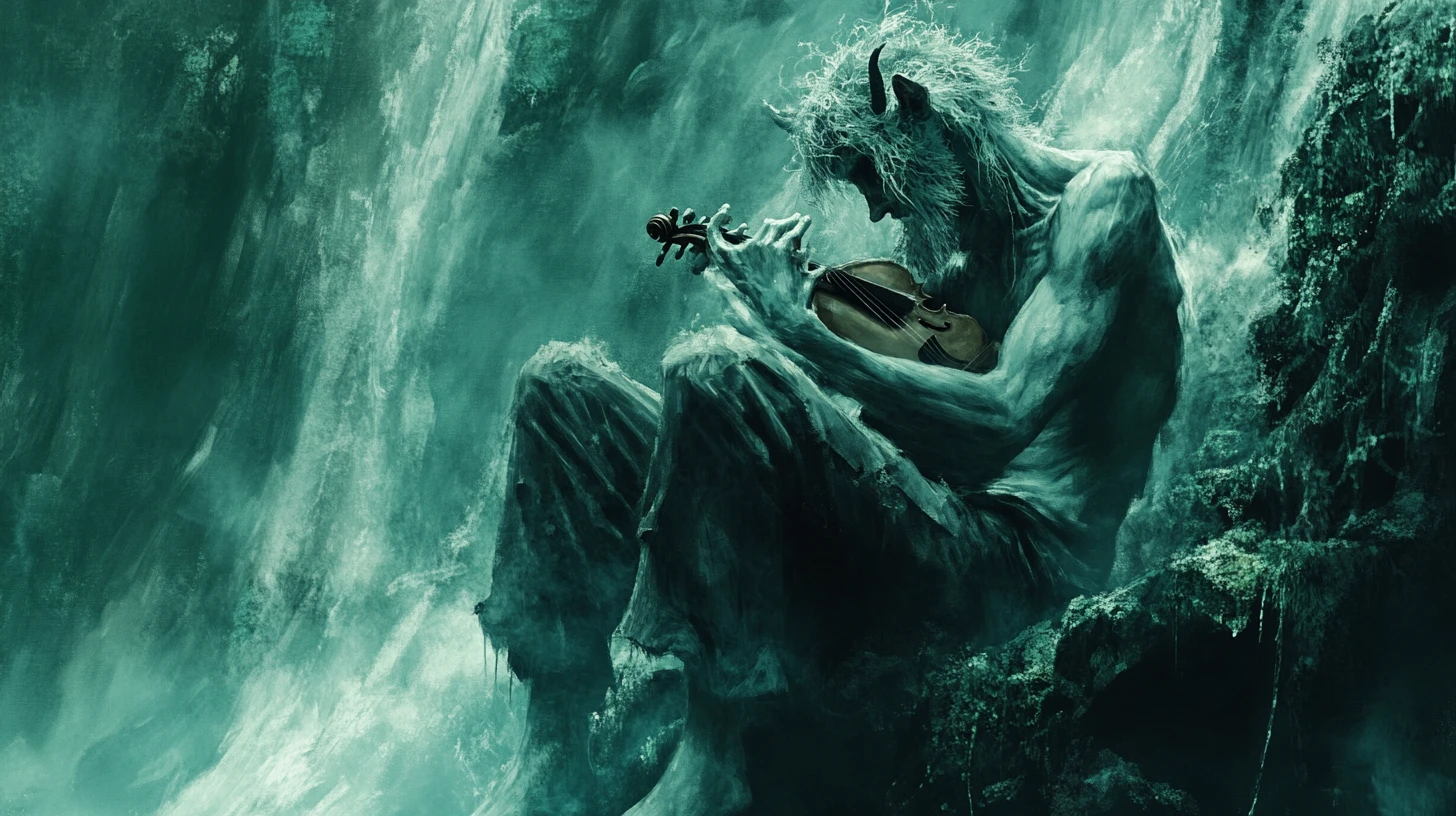 Androgynous satyr playing violin beneath rushing waterfall