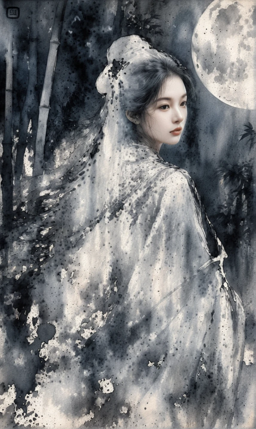 Ethereal woman in white silk beside bamboo under moonlight