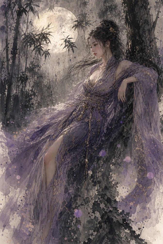 Elegant woman in ink painting before a moonlit bamboo forest