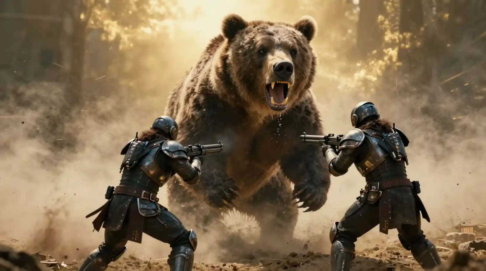 Giant charging bear confronts armed warriors in dust and light