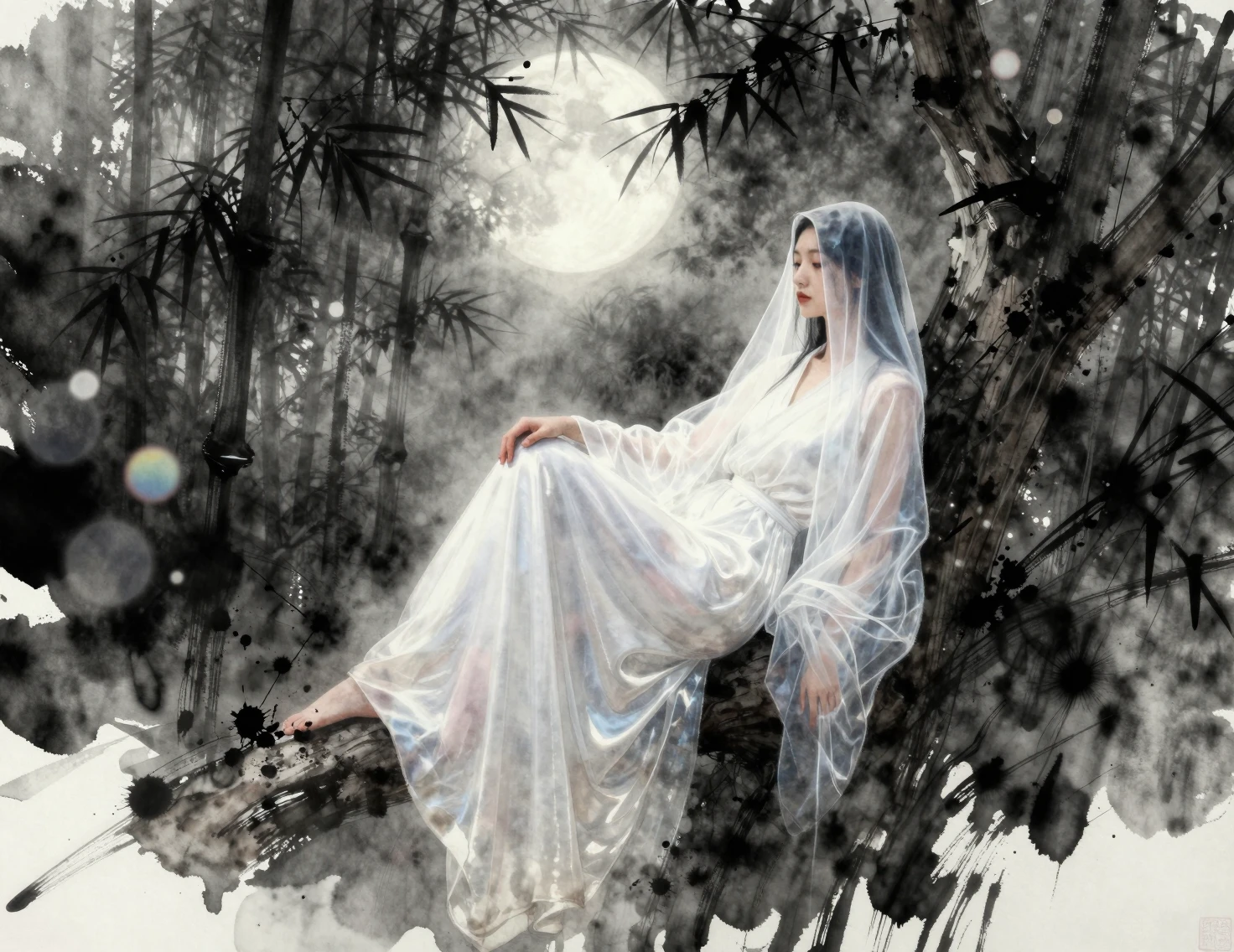 Mujer de seda blanca junto a un árbol bajo bambú a la luz de la luna
