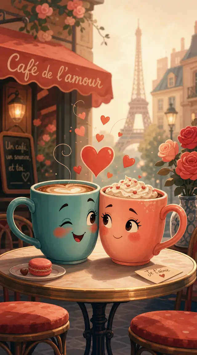 Romantic cartoon coffee mugs in a dreamy parisian cafe