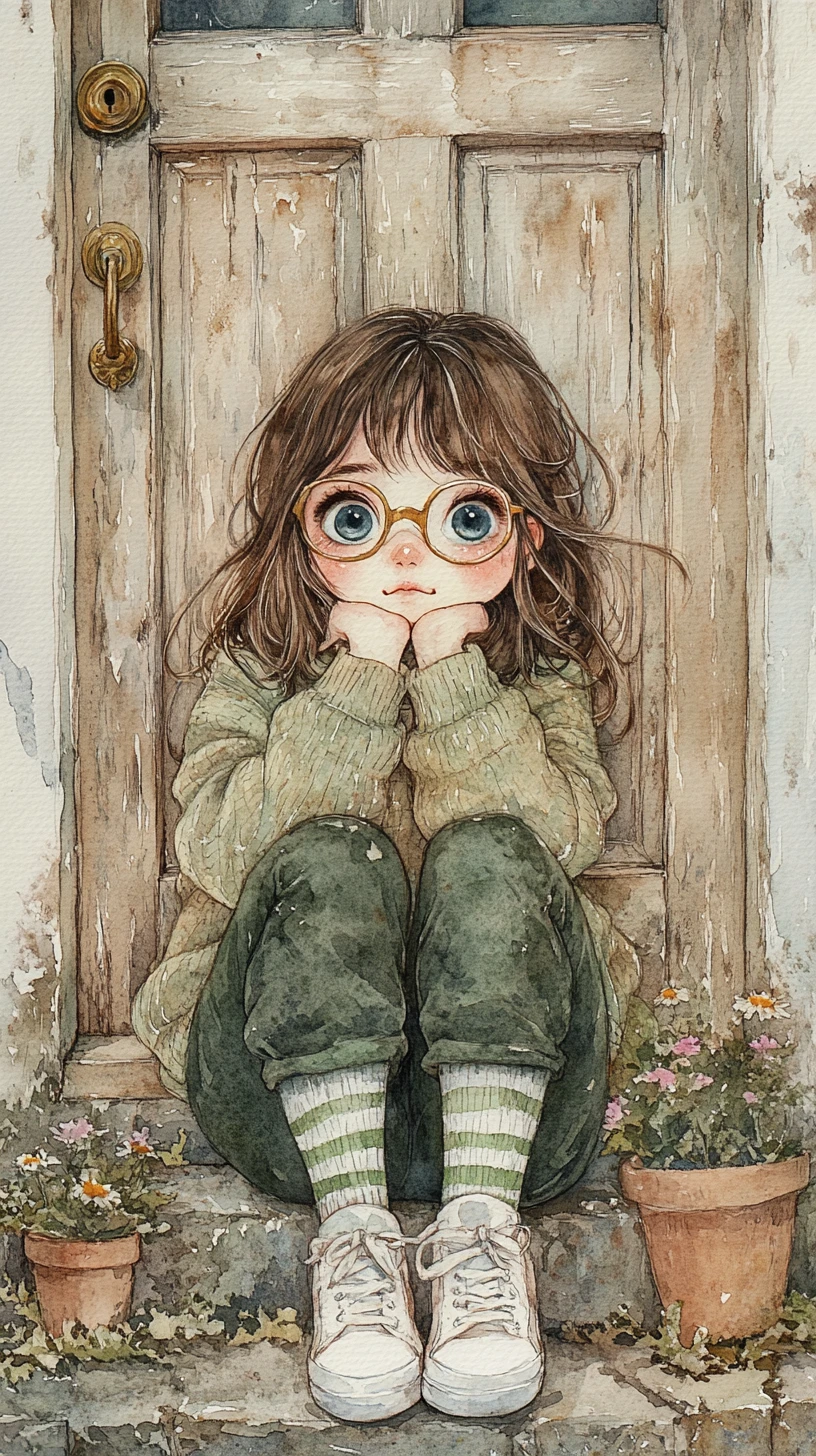 Whimsical watercolor girl with glasses on a doorstep