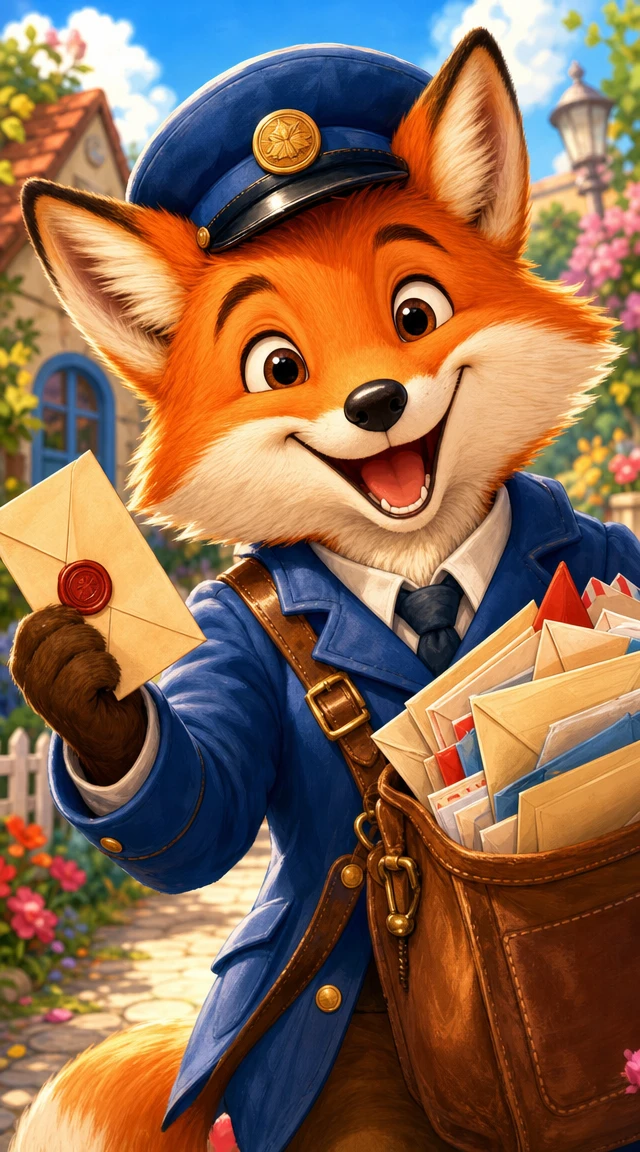 Cheerful fox postman in bright cartoon uniform